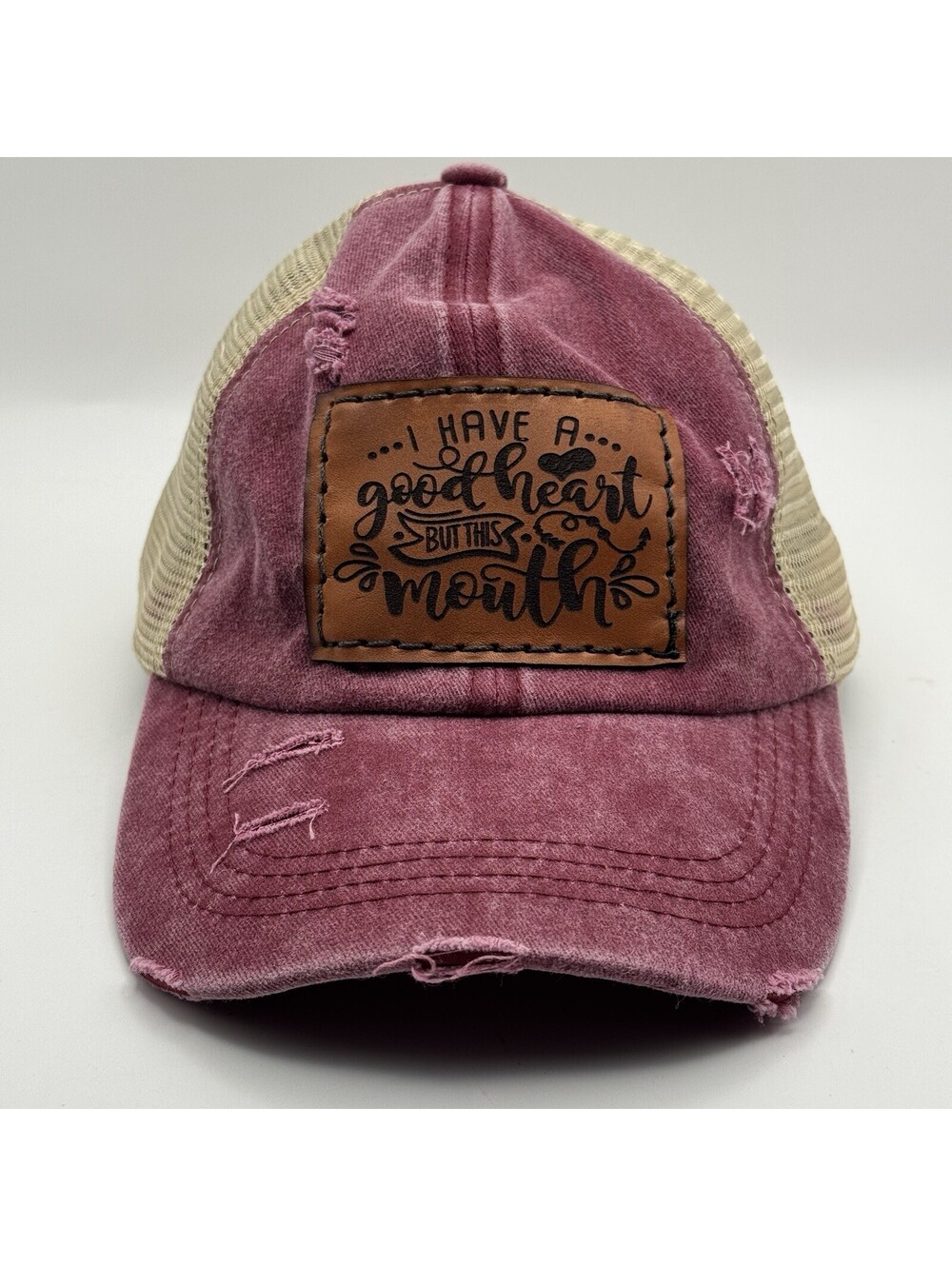 Good Heart But This Mouth Women's Baseball Hat Ponytail Cap Distressed Washed